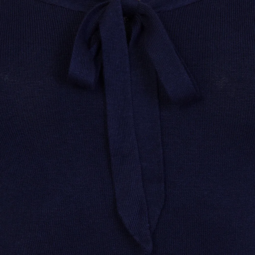 3/4 Sleeve Midnight Blue Stretch Bardot Bow Top Jumper