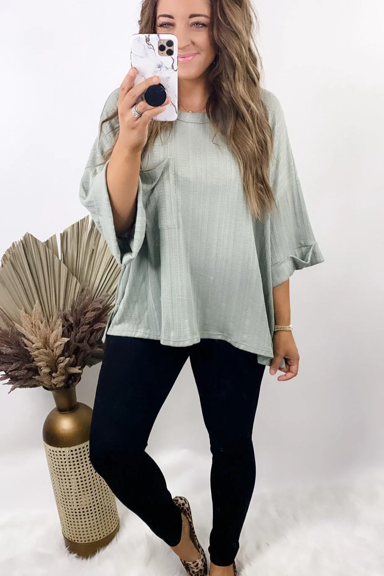 Ain't No Lie- {Black, Sage & Taupe} Ribbed Knit 3/4 Sleeve Top w/ Front Pocket