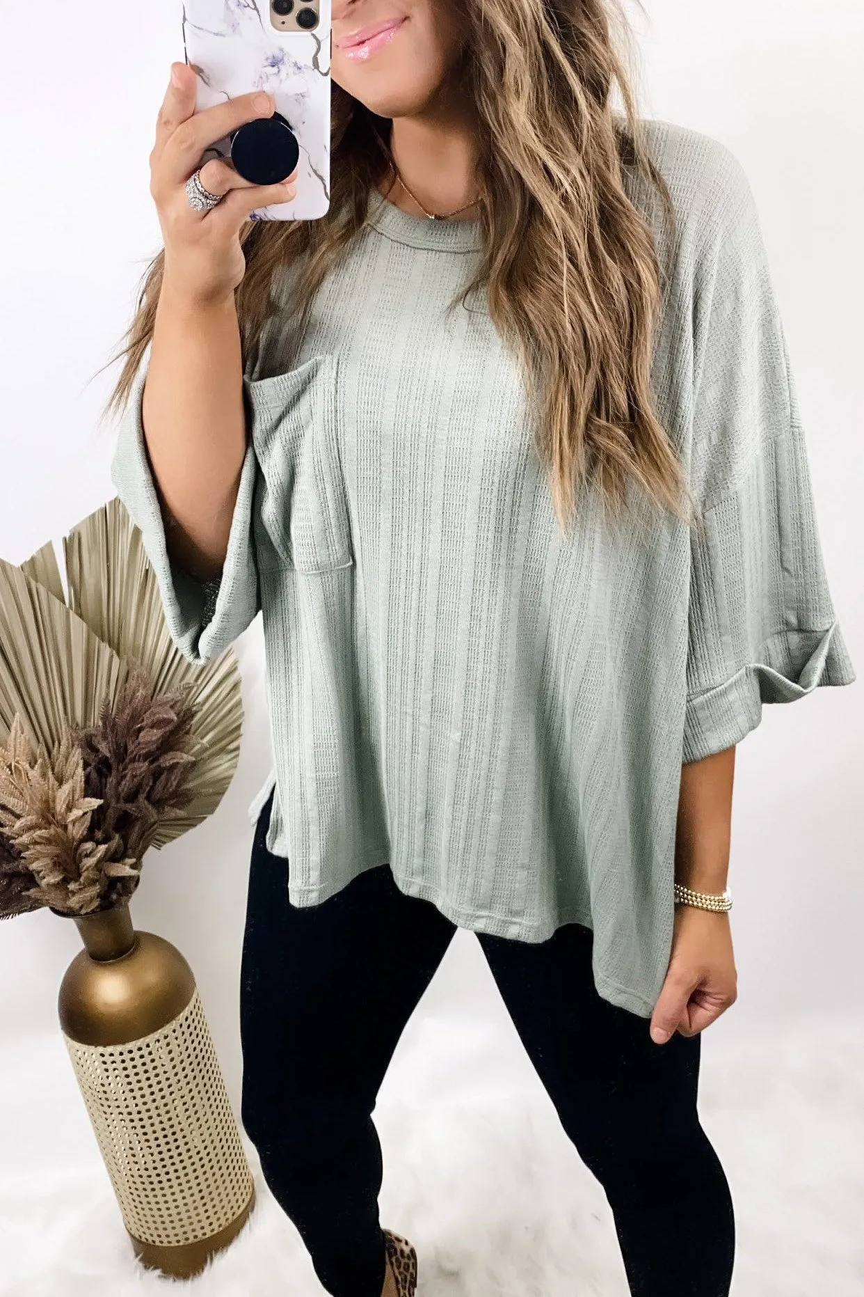 Ain't No Lie- {Black, Sage & Taupe} Ribbed Knit 3/4 Sleeve Top w/ Front Pocket