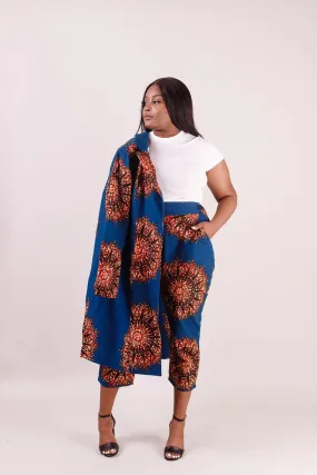 ALERA African Print Long Blazer (Blue with Orange Pattern)