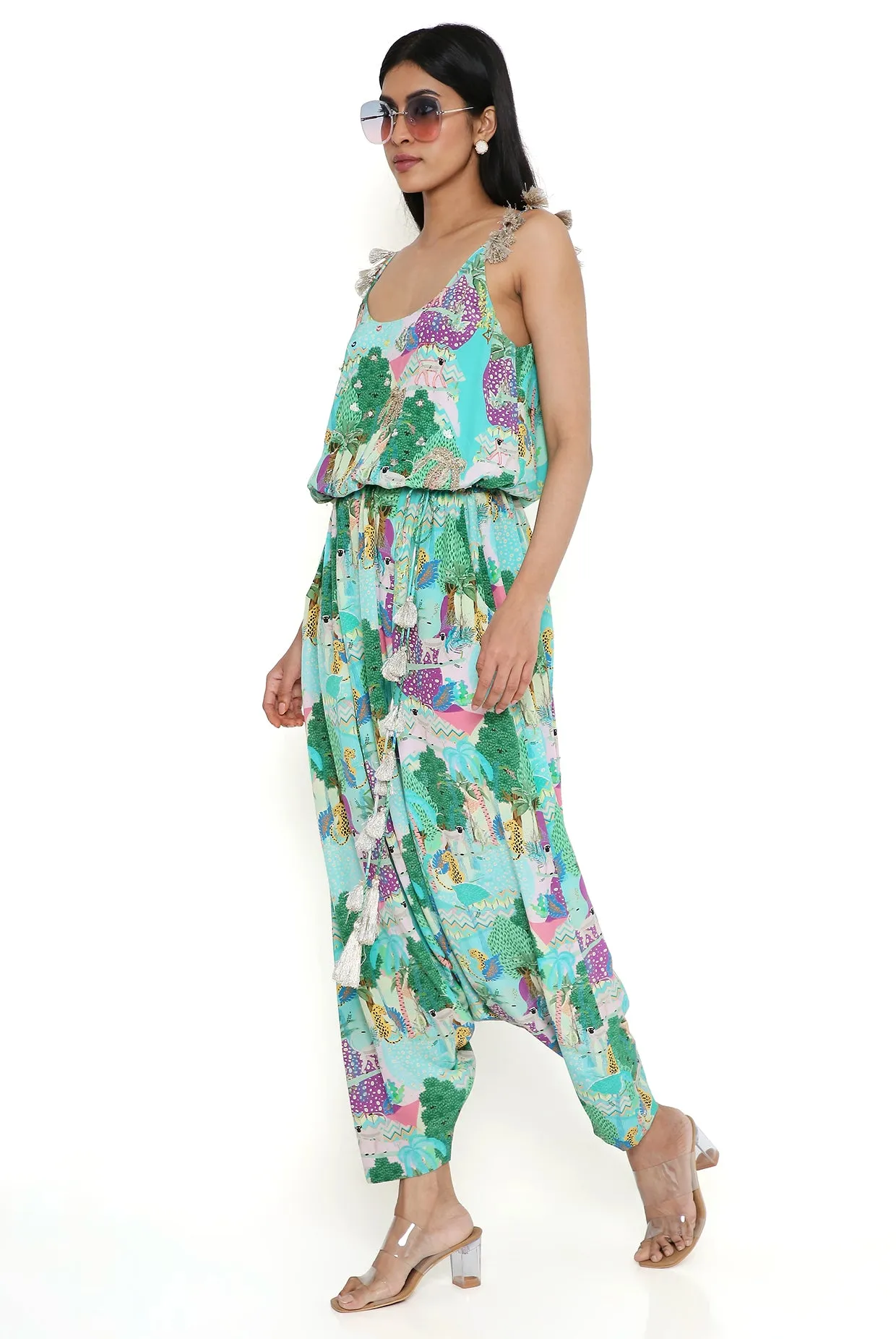 Aqua Kuno Print Crepe Embroidered Jumpsuit