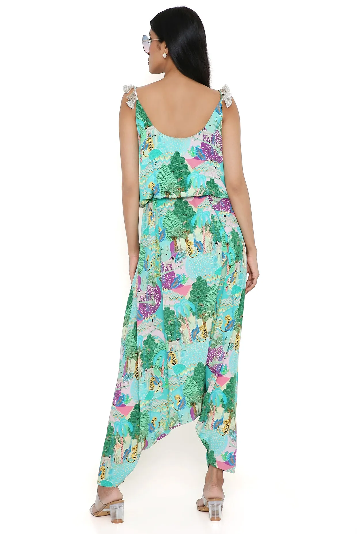 Aqua Kuno Print Crepe Embroidered Jumpsuit