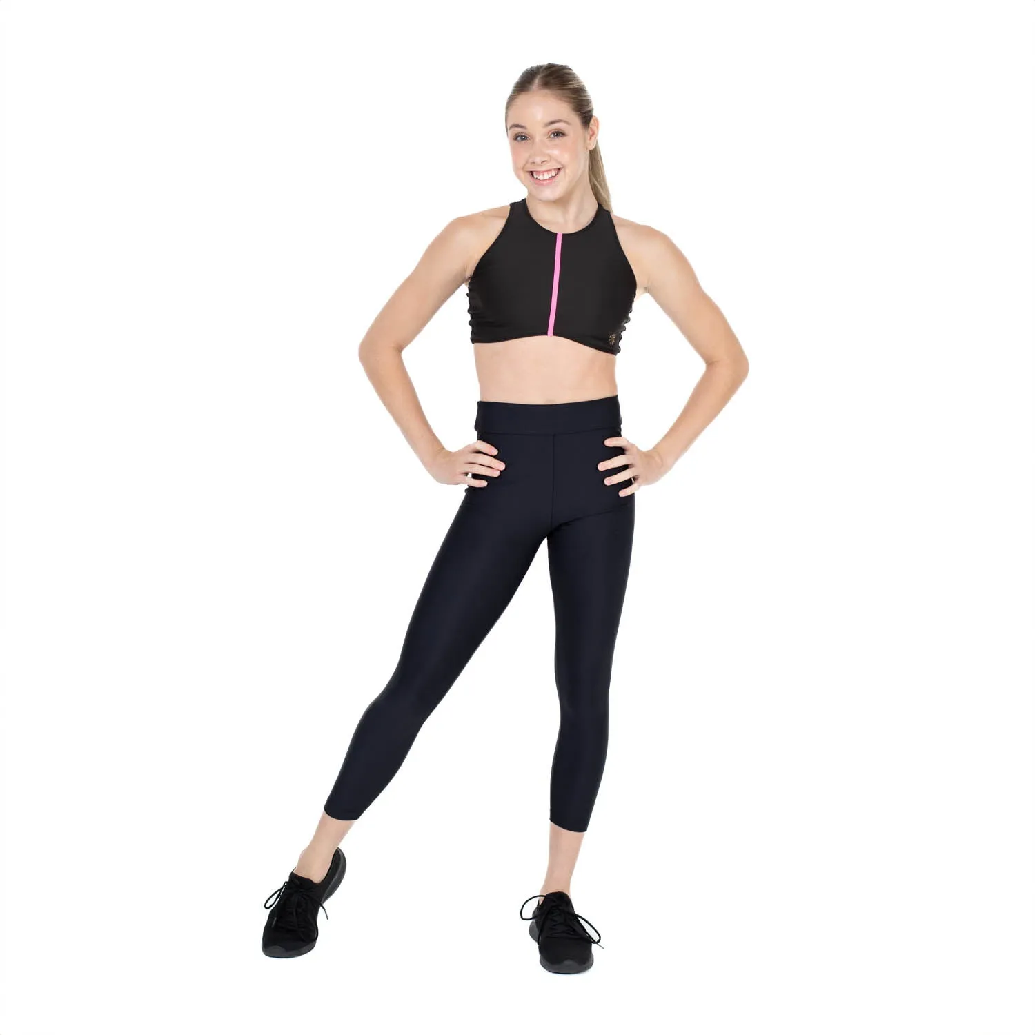 Arlo: High Neck Crop in Black with Neon Pink