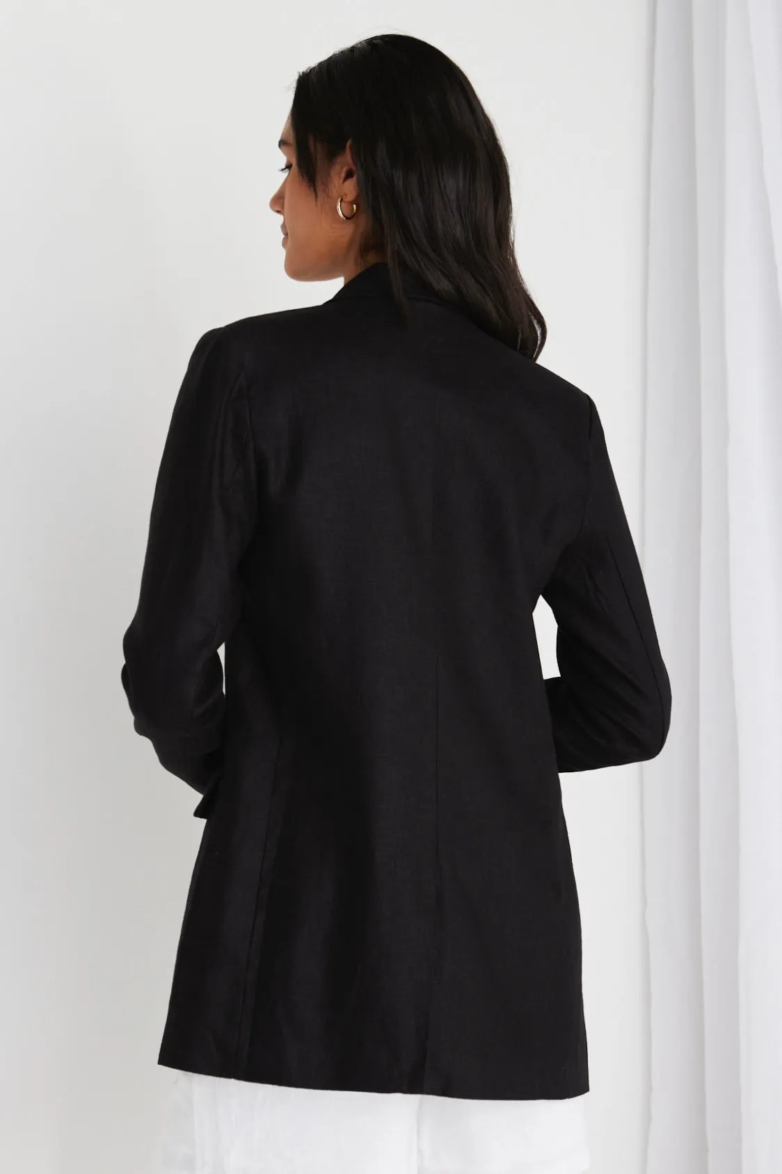 Aster Black Linen Single Breasted Longline Blazer