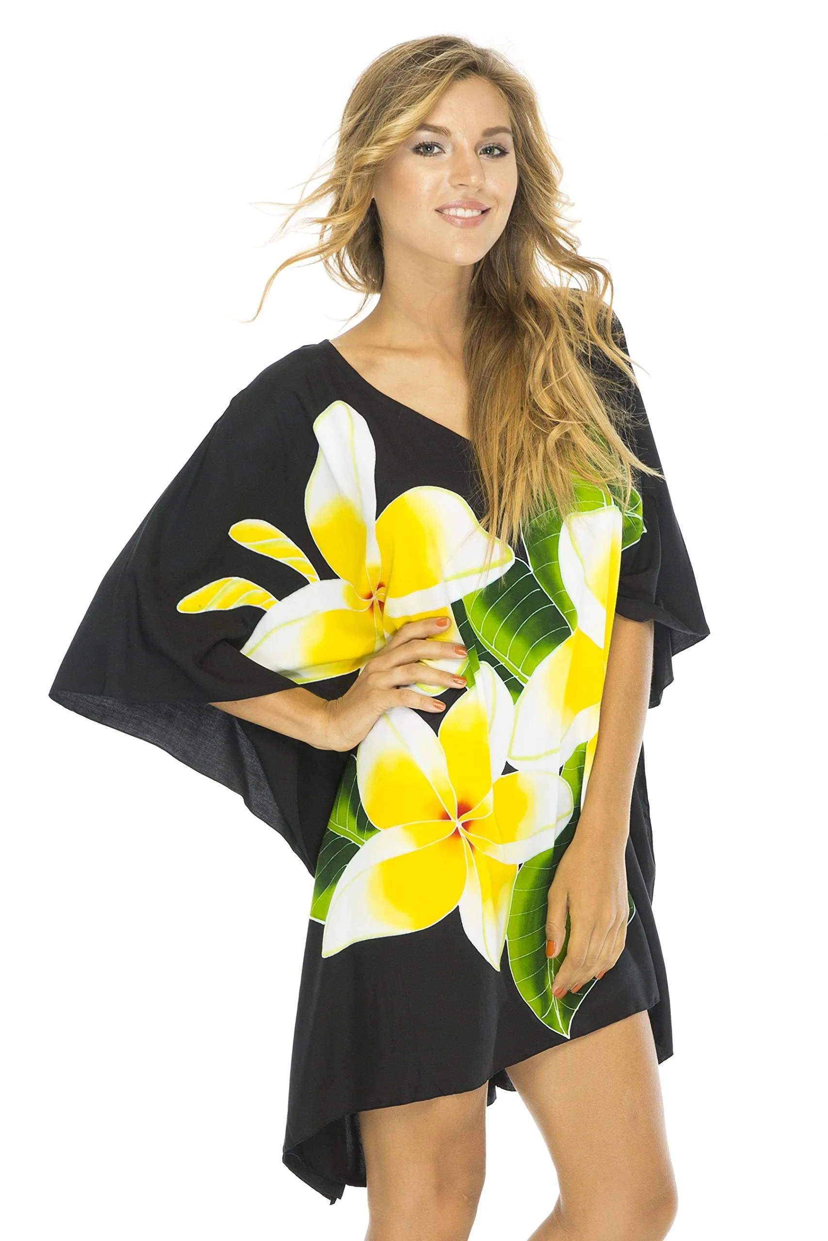 Back From Bali Womens Short Floral Beach Swimsuit Cover Up Caftan Dress Poncho