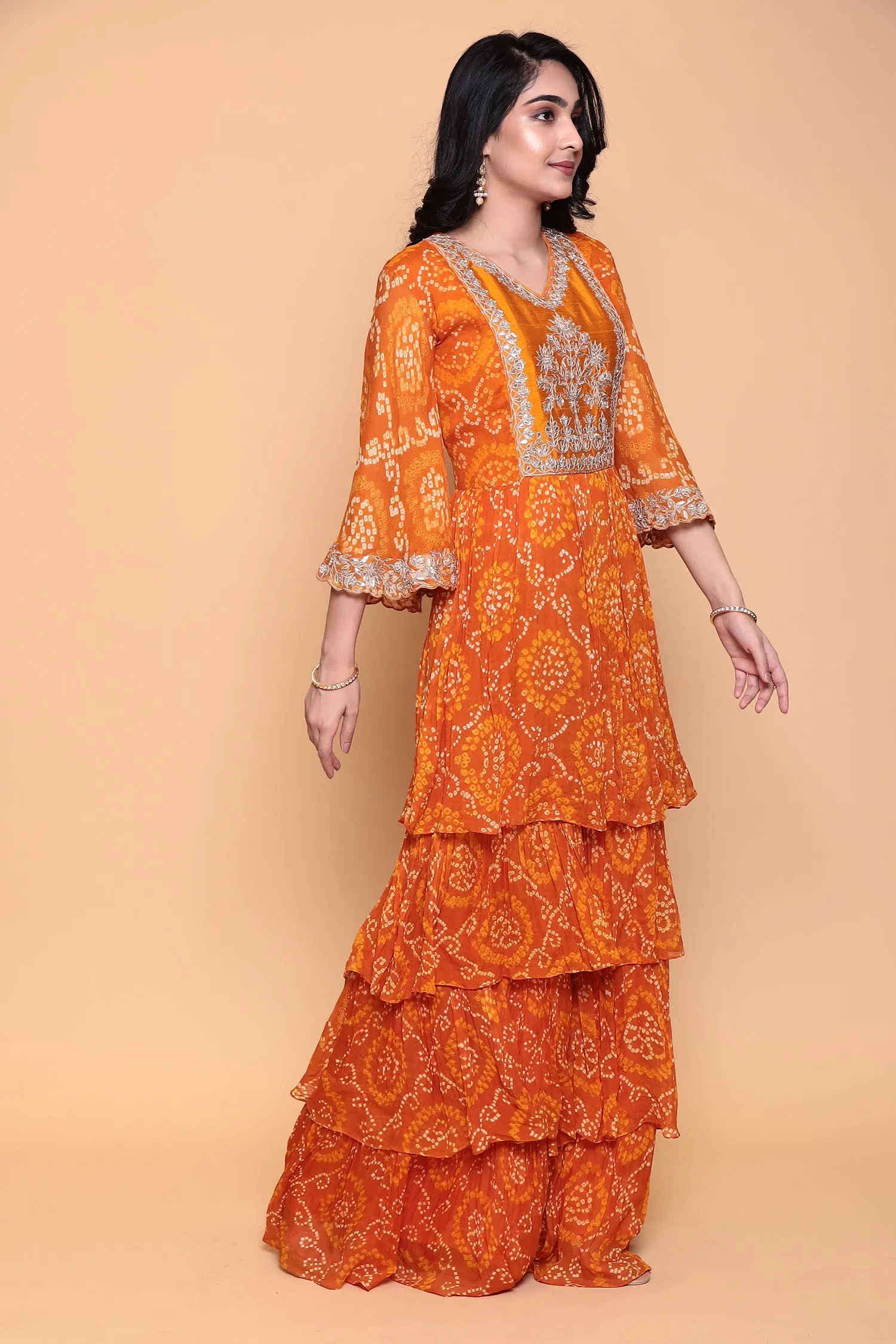 Bandhej Georgette Jump Suit with Gota Patti work.