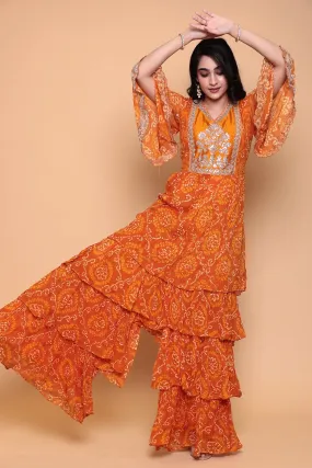 Bandhej Georgette Jump Suit with Gota Patti work.