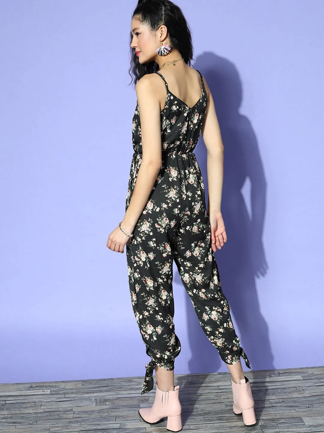 Berrylush Women Black & Green Floral Printed V-Neck Tie-Up Slit Gathered Cami Regular Jumpsuit