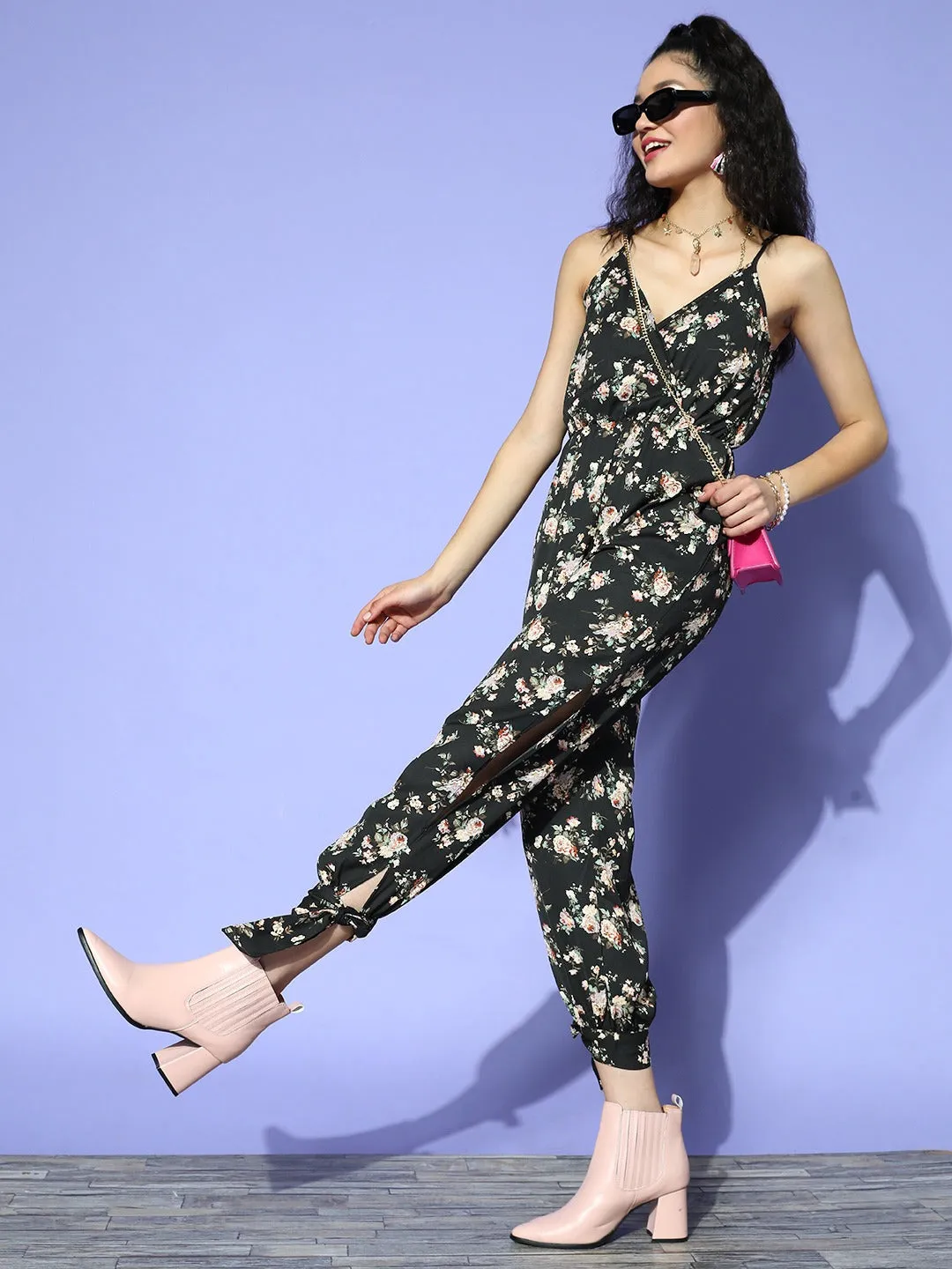 Berrylush Women Black & Green Floral Printed V-Neck Tie-Up Slit Gathered Cami Regular Jumpsuit