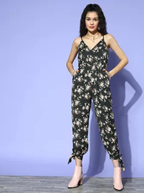 Berrylush Women Black & Green Floral Printed V-Neck Tie-Up Slit Gathered Cami Regular Jumpsuit