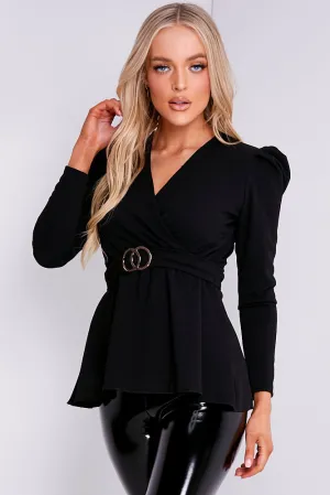 Black Plunge Double Circle Belted Puff Sleeve Top