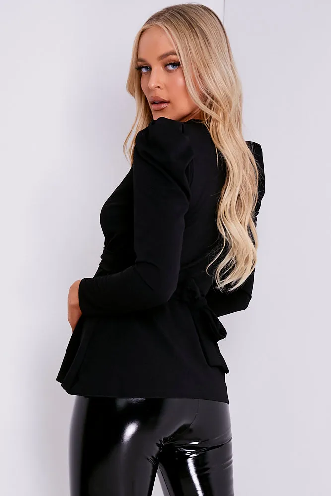 Black Plunge Double Circle Belted Puff Sleeve Top