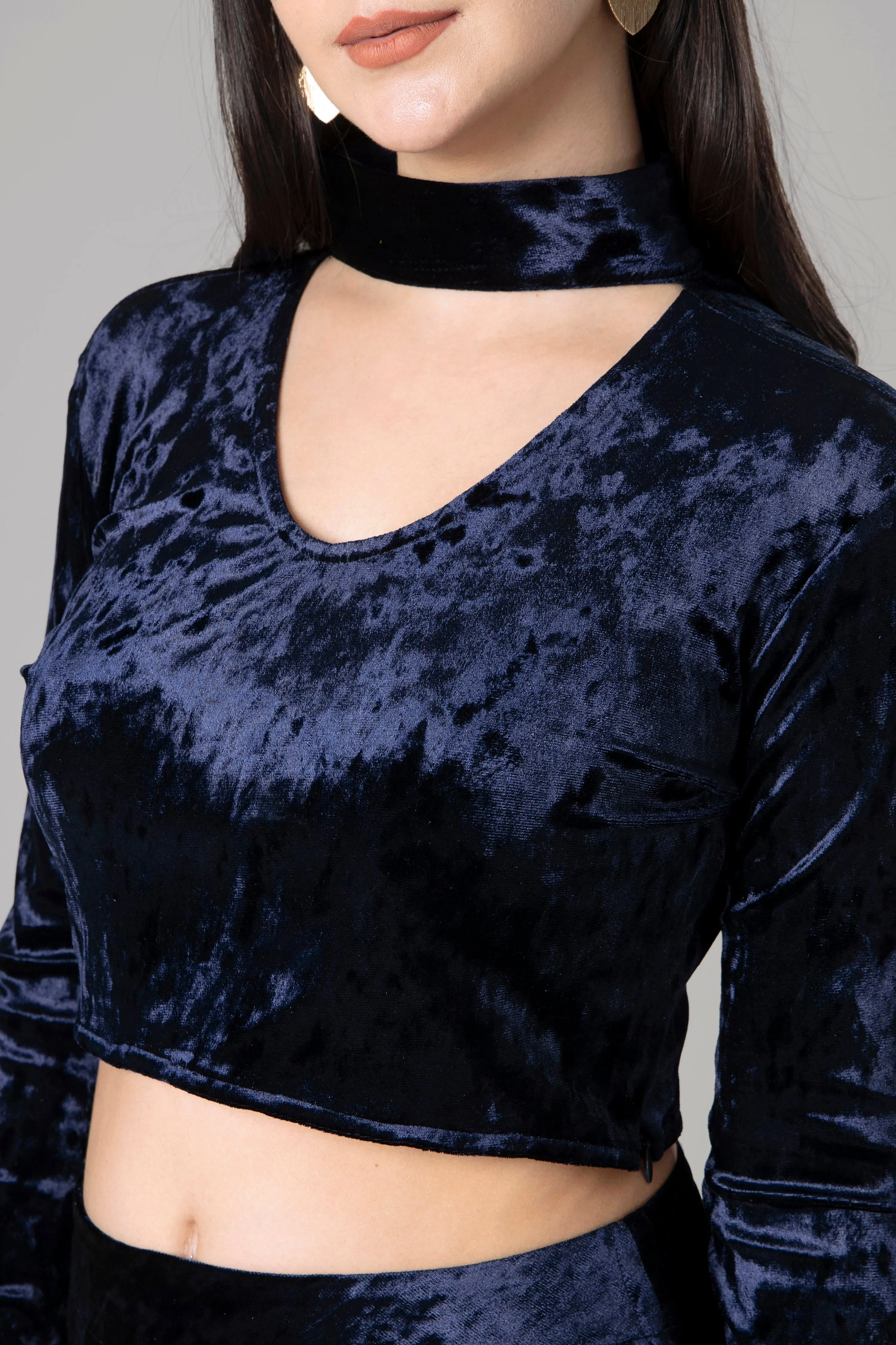 Blue Velvet Choker Neck Crop Top For Women