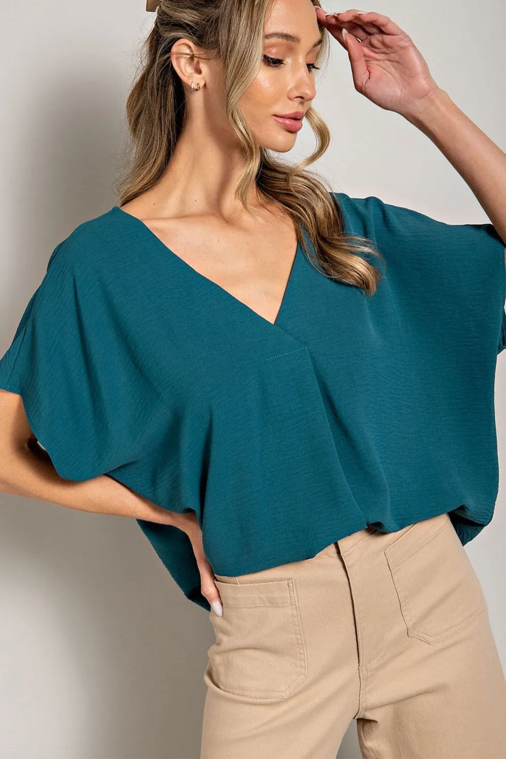 Breezy Short Sleeve Deep V-Neck Blouse