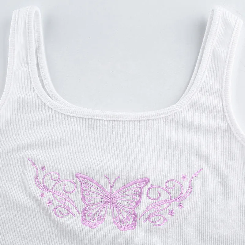 Butterfly Embroidery Sleeveless Crop Top