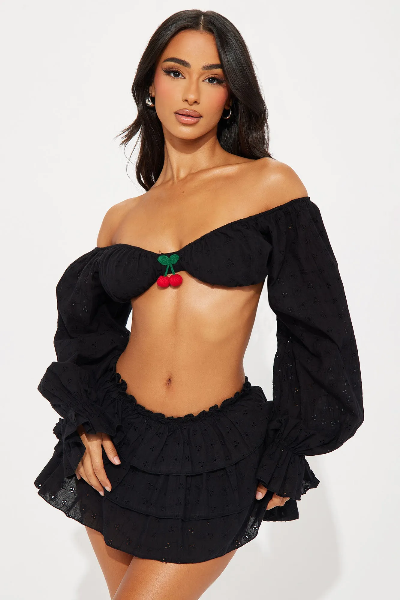 Cherry Drop Micro Mini Skirt Set - Black