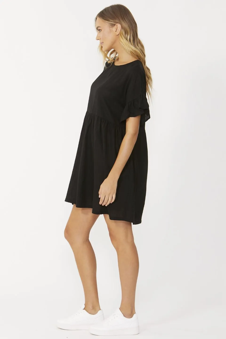 Daphne Black Linen SS Ruffle Sleeve Single Tiered Mini Dress