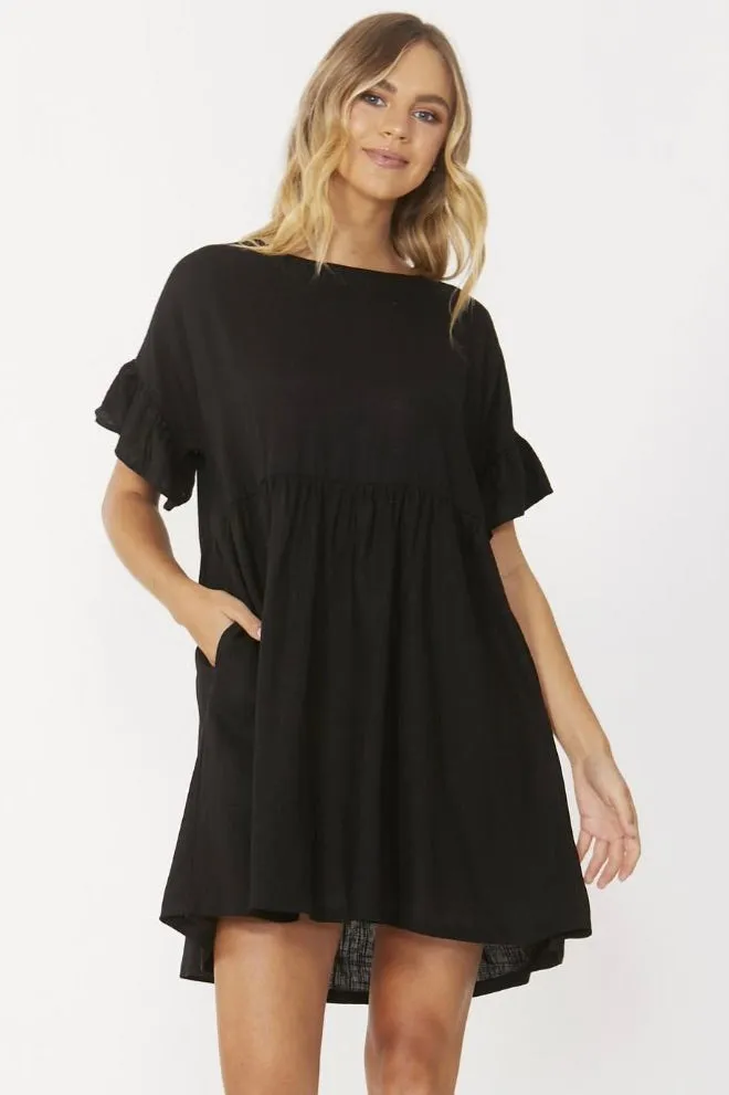 Daphne Black Linen SS Ruffle Sleeve Single Tiered Mini Dress