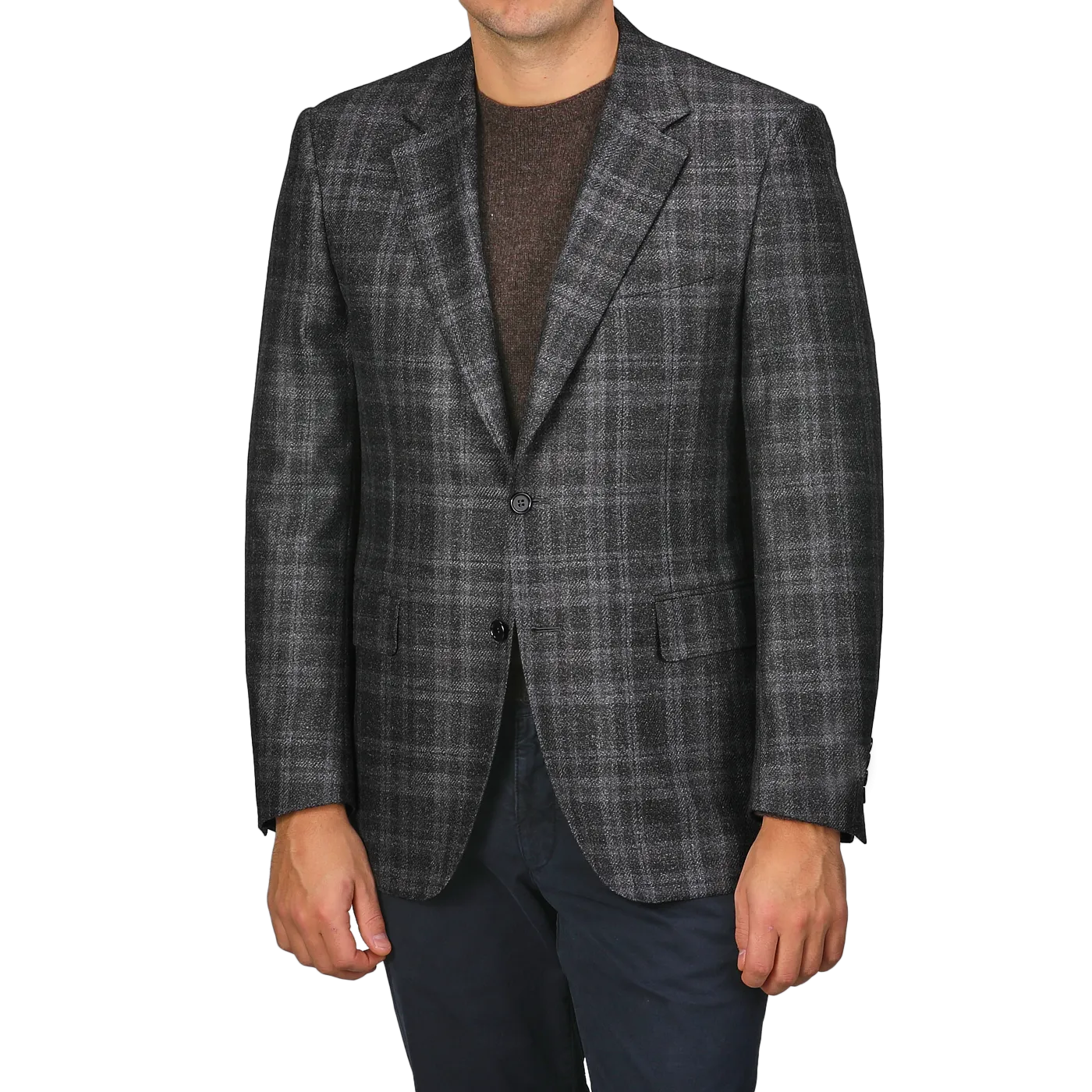 Dark Grey Checked Wool Silk Drop 6 Blazer