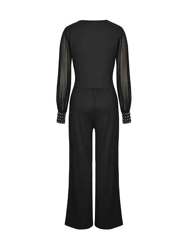 Elegant High Waist Mesh Jumpsuit with V Neck and Wide Leg