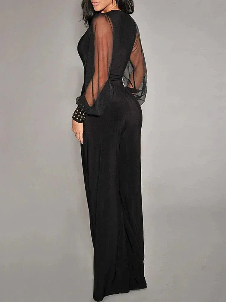 Elegant High Waist Mesh Jumpsuit with V Neck and Wide Leg