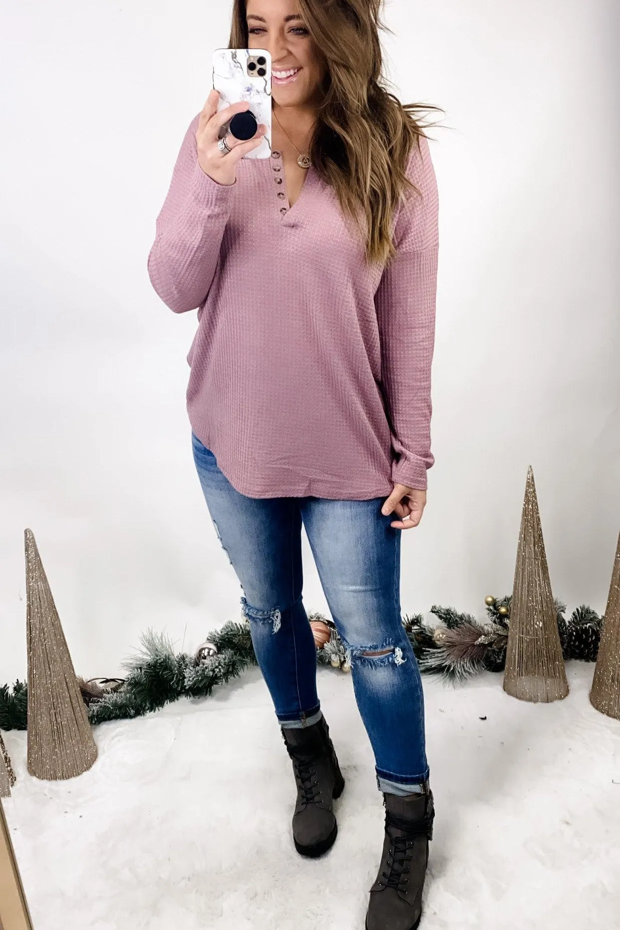 Feel The Frost- {Black, Blue, Charcoal, Ivory, Mauve & Sage} Long Sleeve Waffle Knit w/ Button Neck