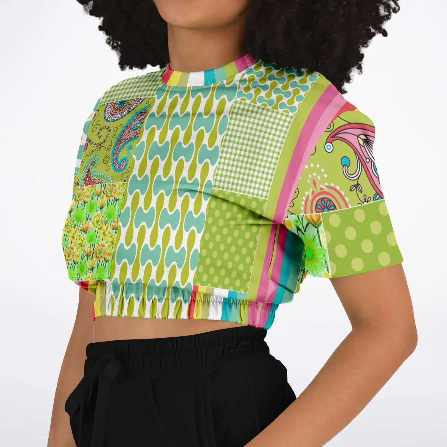 Green Anjou Pear Patchwork Short Sleeve Cropped Eco-Poly Sweater