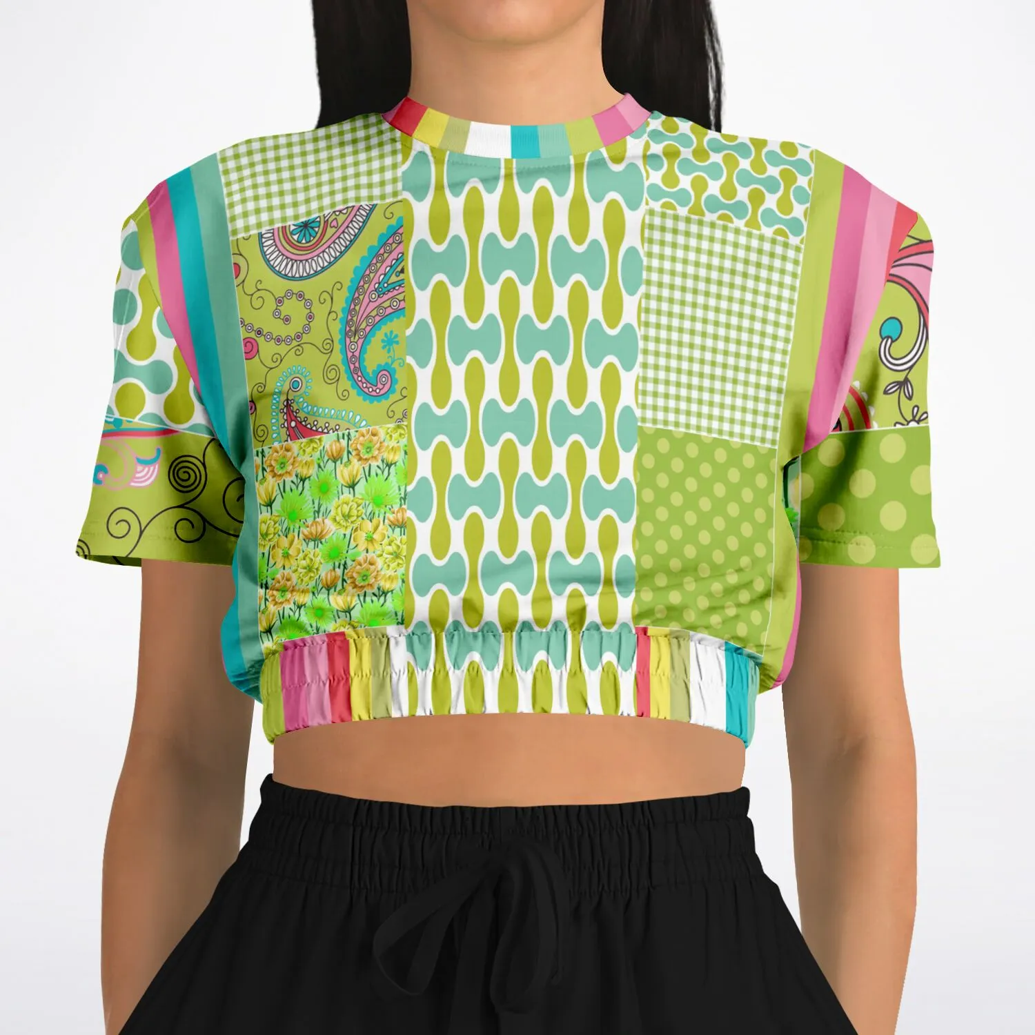 Green Anjou Pear Patchwork Short Sleeve Cropped Eco-Poly Sweater