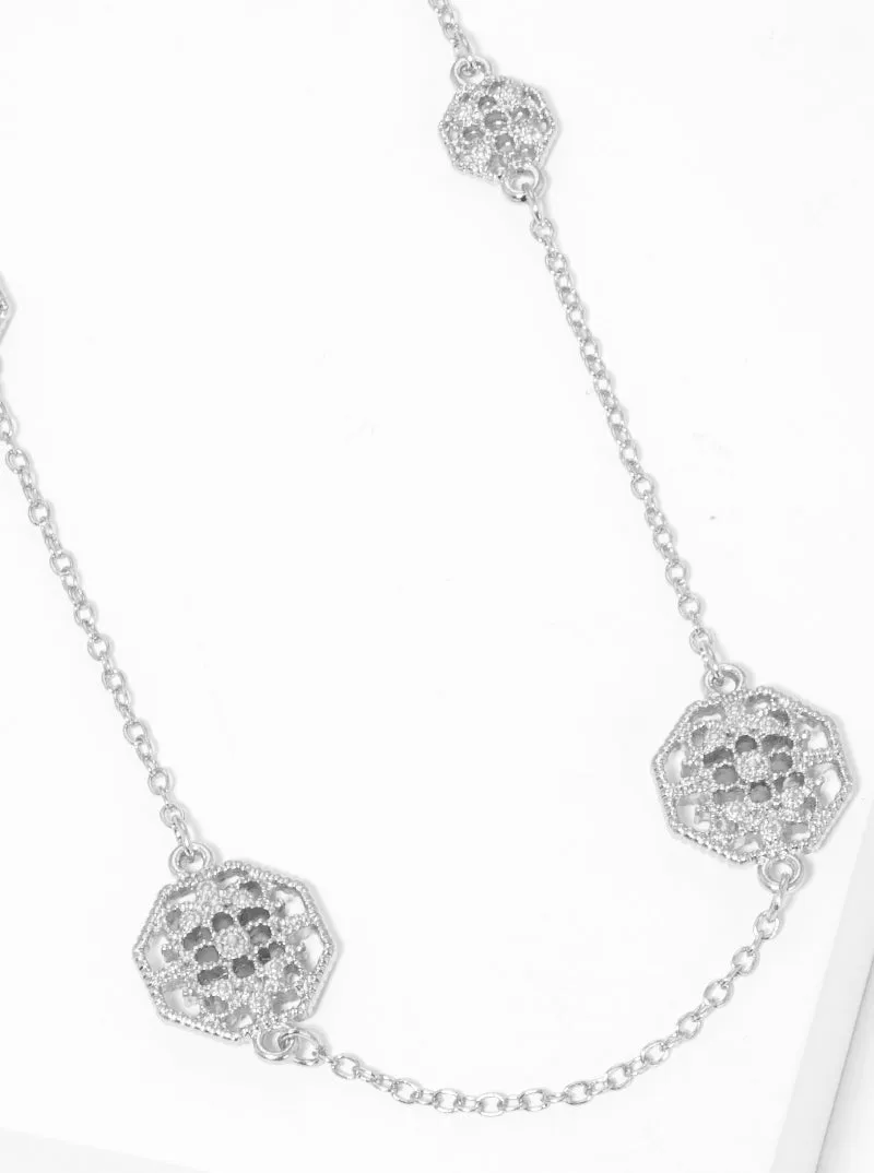 Hexagon Shape Long Necklace (Color: Silver)