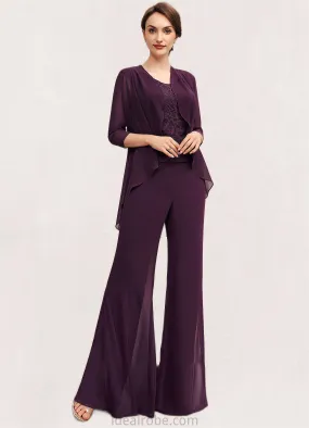 Hilda Jumpsuit/Pantsuit Scoop Neck Floor-Length Chiffon Lace Mother of the Bride Dress STK126P0014722