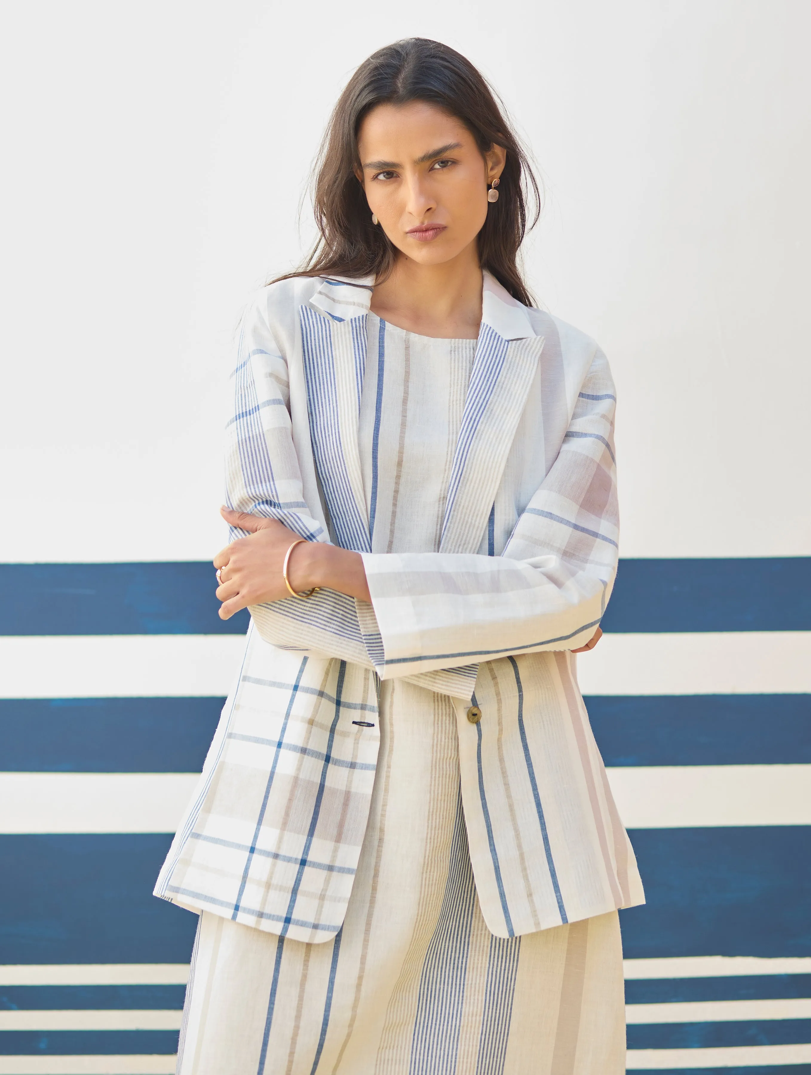 Inara Check Linen Dress With Blazer - Ivory