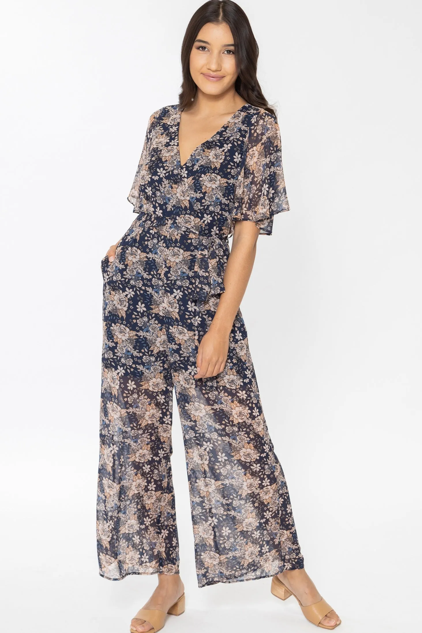 Intuitive Midnight Garden Flutter Short Sleeve Jumpsuit