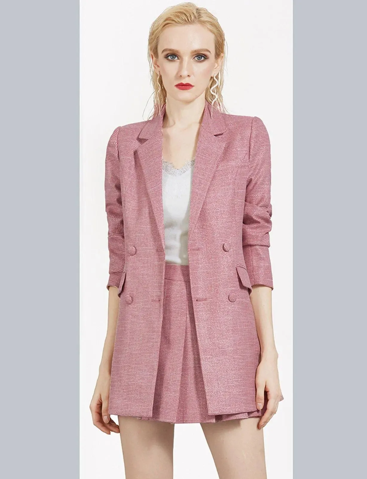 Iris Pink Belted Blazer & Pleasted Mini Skirt Set