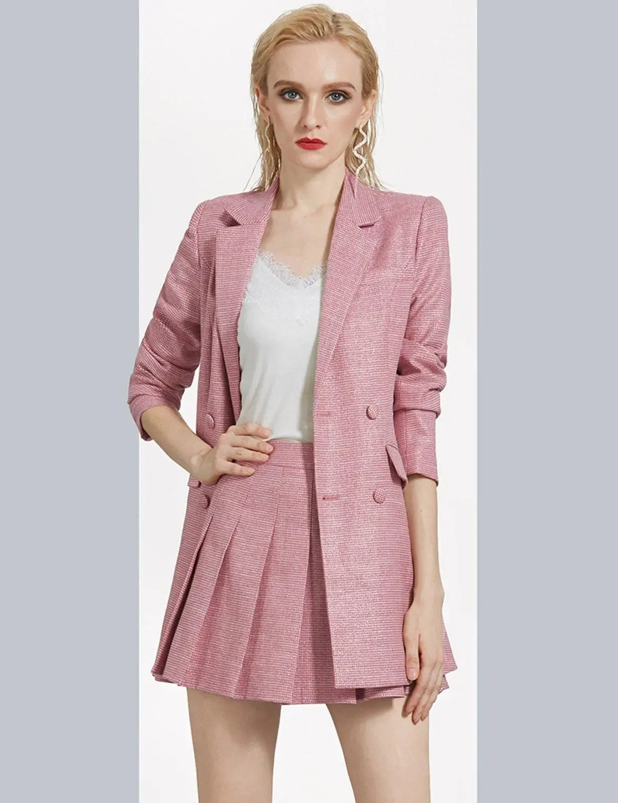 Iris Pink Belted Blazer & Pleasted Mini Skirt Set