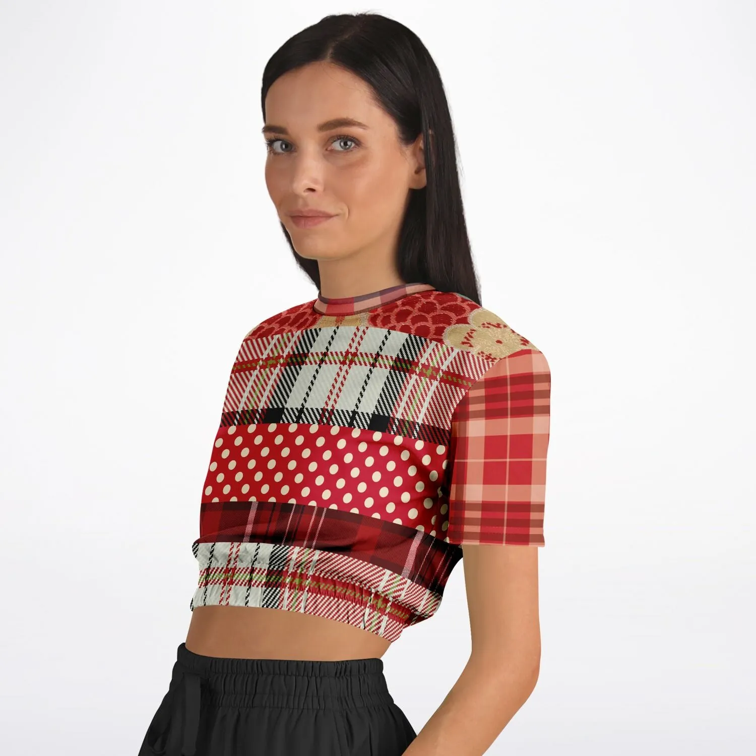 Jersey Salsa Red Plaid Short Sleeve Cropped Eco-Poly Sweater