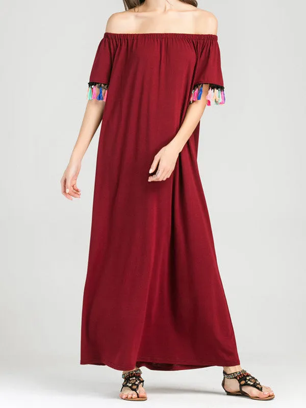 Leisure Off Shoulder Short Sleeve Tassel Maxi Dress