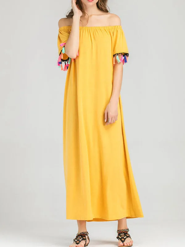 Leisure Off Shoulder Short Sleeve Tassel Maxi Dress