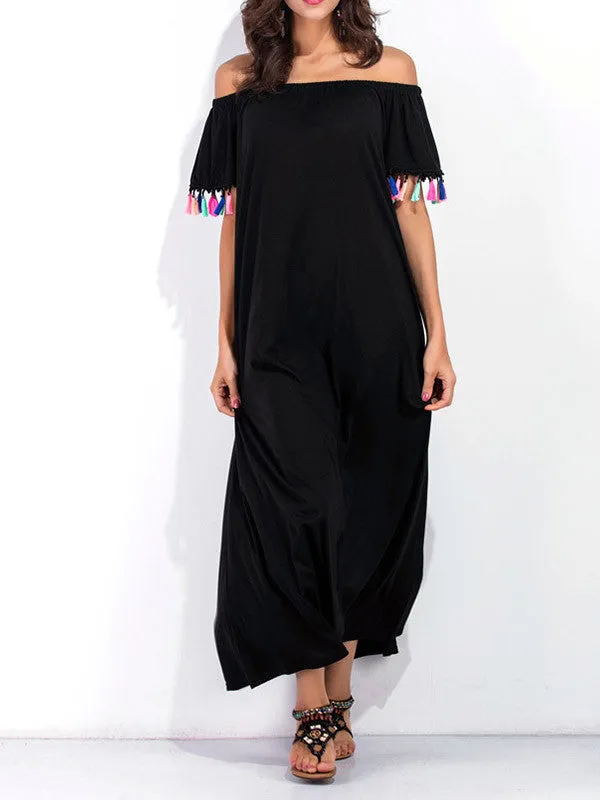 Leisure Off Shoulder Short Sleeve Tassel Maxi Dress