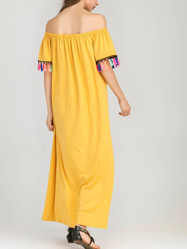 Leisure Off Shoulder Short Sleeve Tassel Maxi Dress