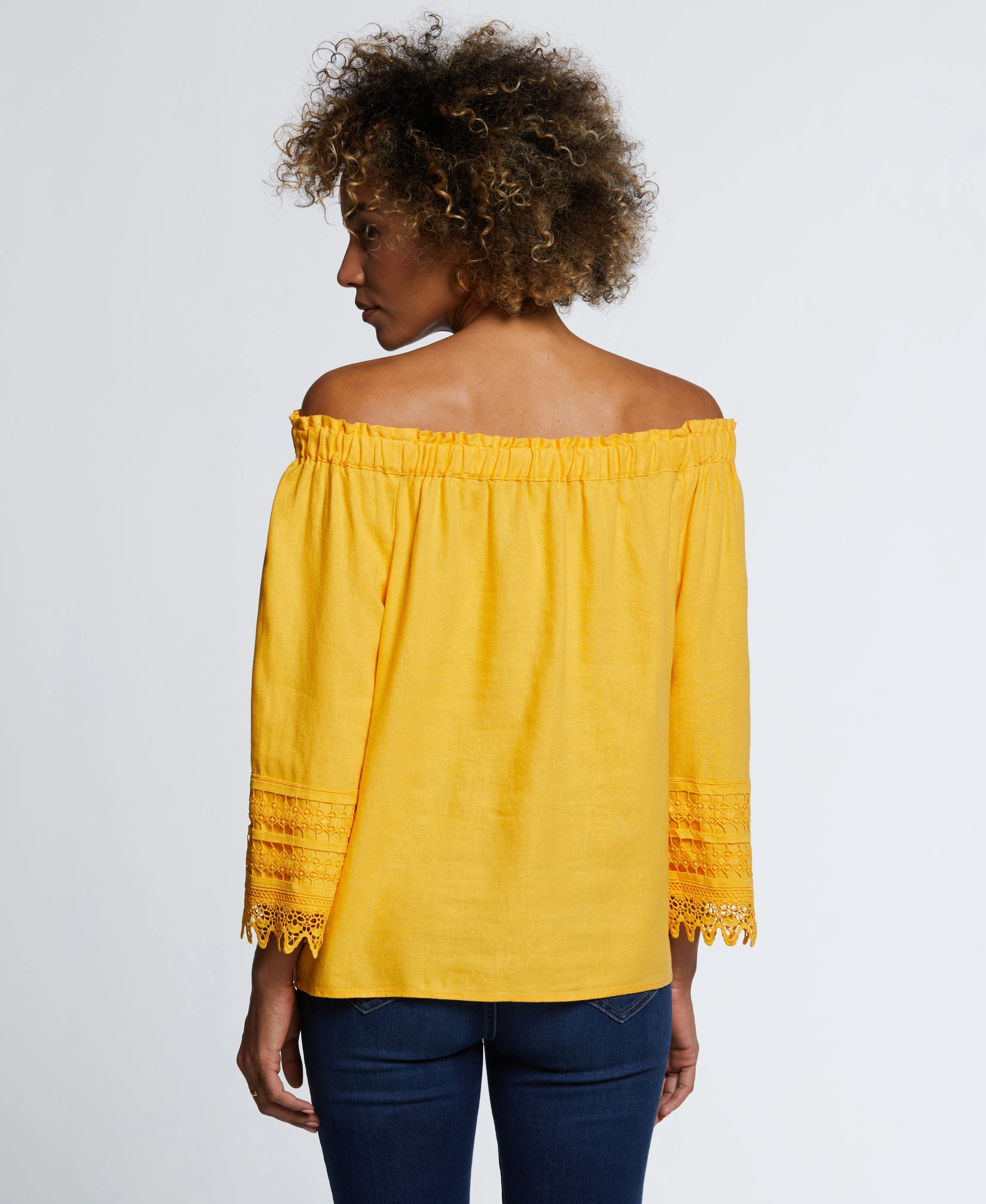 Linen Blend Peasant Top with Lace Sleeve