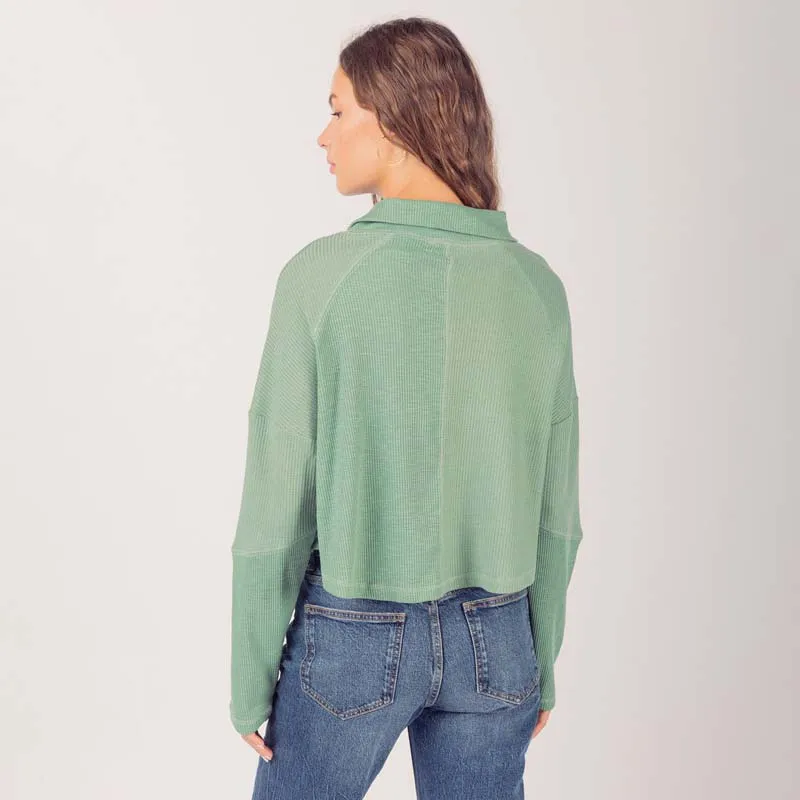 Long Sleeve Waffle Henley Round Hem Top