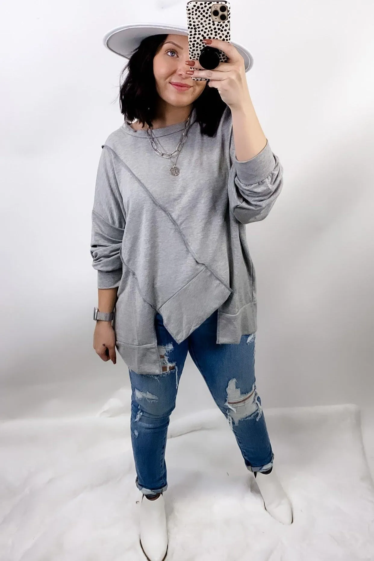 Making The Cut- Gray Long Sleeve w/ Cutout Hemline