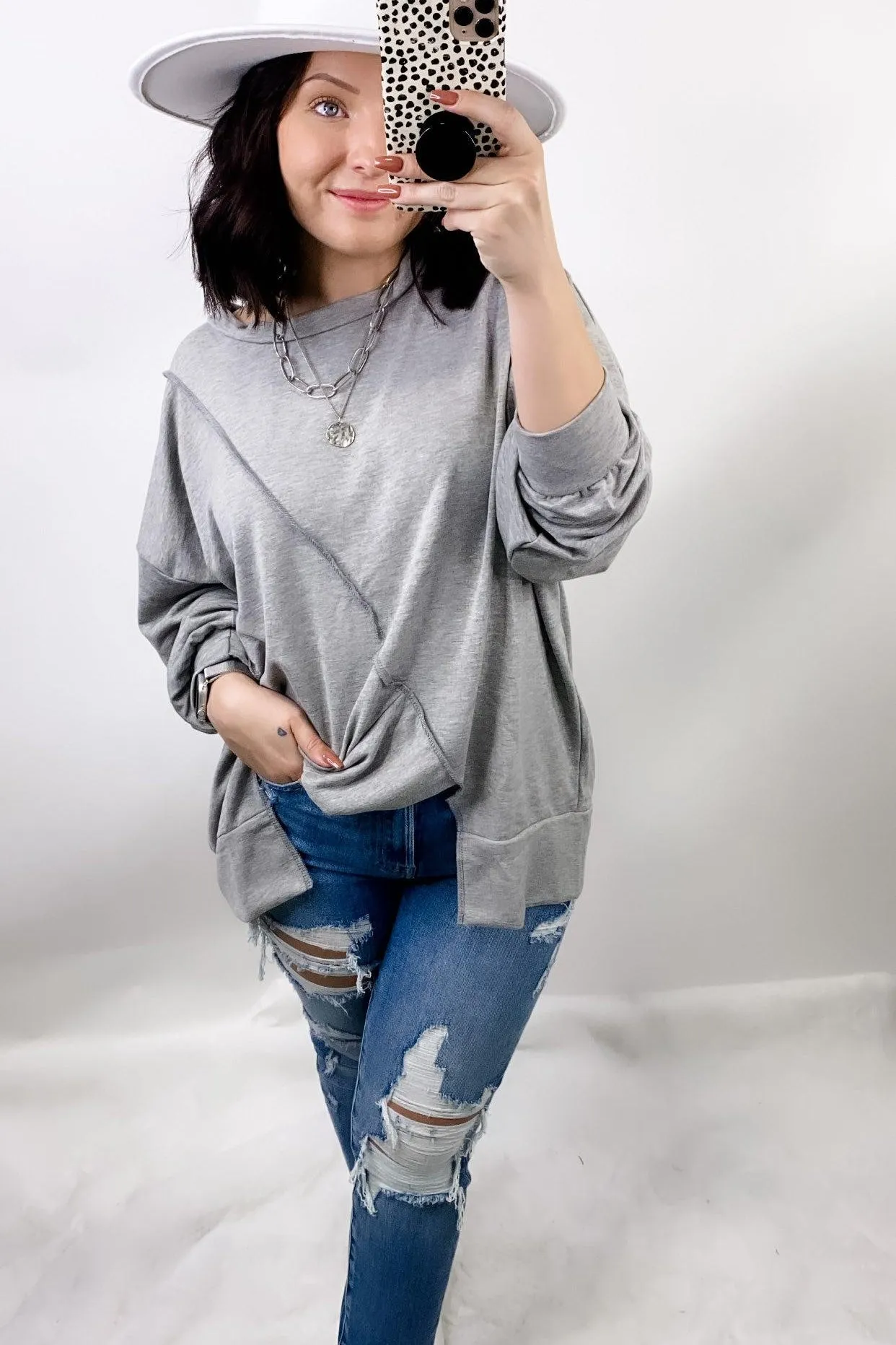 Making The Cut- Gray Long Sleeve w/ Cutout Hemline