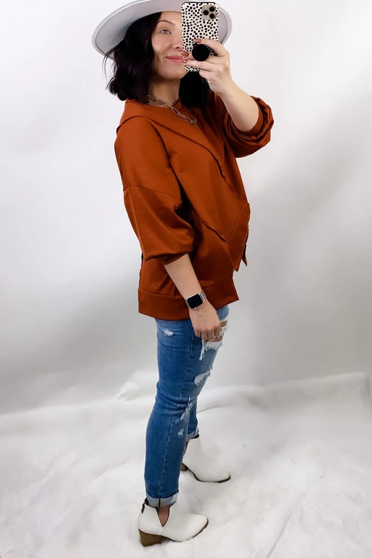 Making The Cut- Rust Long Sleeve w/ Cutout Hemline