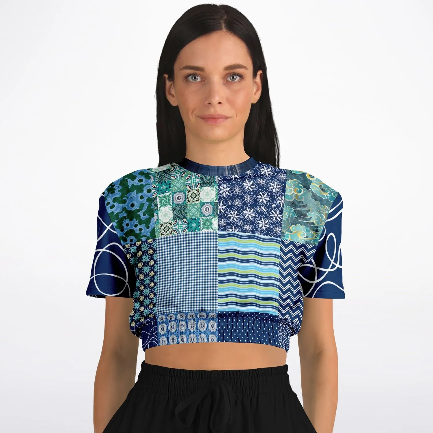 Mykonos Patchwork Print Short Sleeve Cropped Eco-Poly Sweater