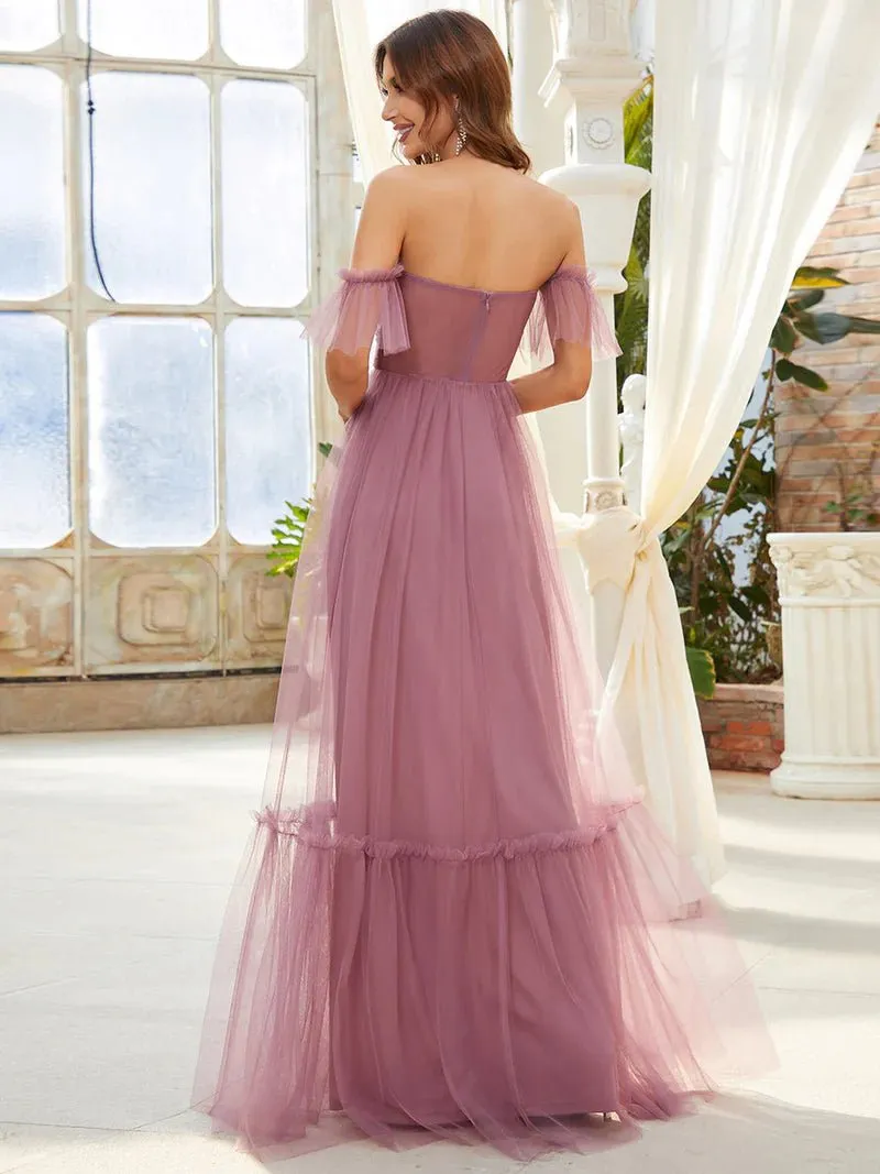 Off-Shoulder Layered Skirt Tulle Evening Dress