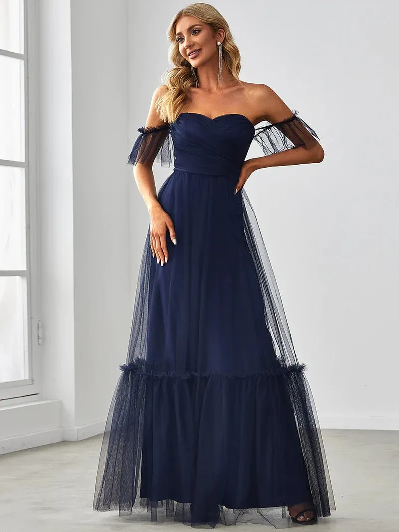 Off-Shoulder Layered Skirt Tulle Evening Dress