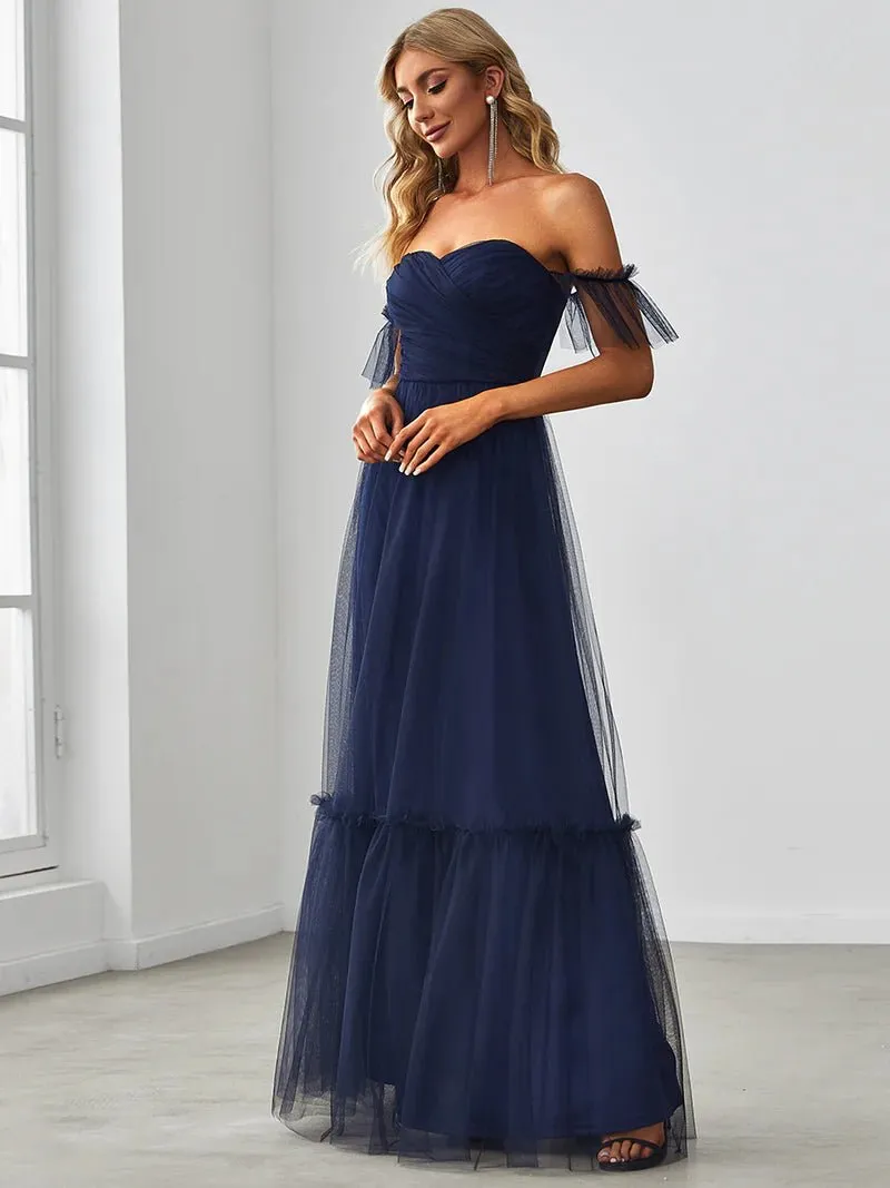 Off-Shoulder Layered Skirt Tulle Evening Dress