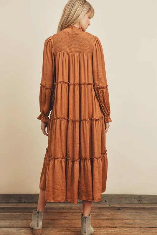 Penelope Smocked Midi Dress in Rust