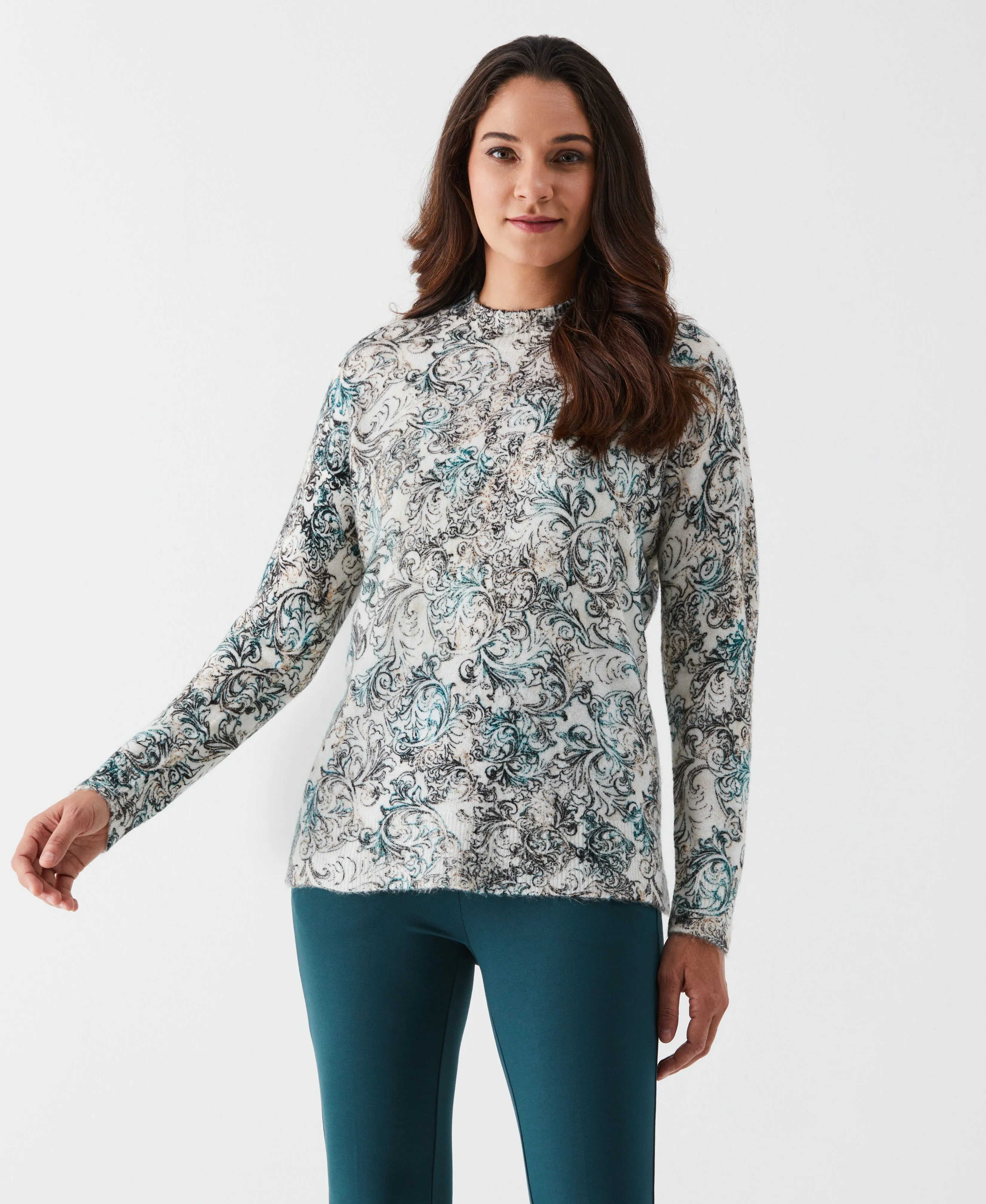 Petite Acanthus Scrolls Print Mock-Neck Pullover Sweater